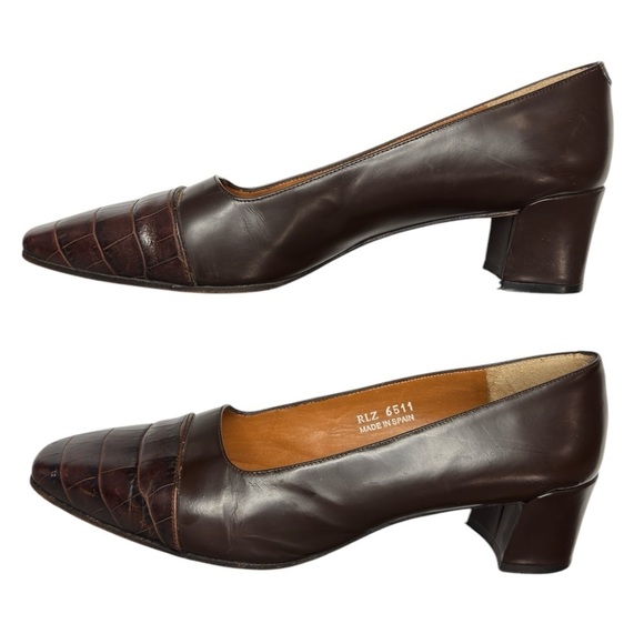 VTG Ralph Lauren Womens Brown Croc Embossed Block Heel Pump Size 7 Made in Spain - Picture 3 of 13